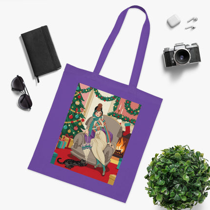🔥🎄 The Lady Of The Christmas Hearth Cotton Tote Bag – Art Deco Holiday Warmth