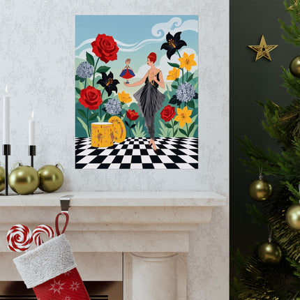 🌹🎭 The Lady And The Little Dancing Doll Matte Vertical Poster – Art Deco Floral Whimsy