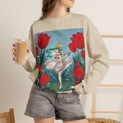 🌷🩰 The Scarlet Tulip Ballet Crewneck Sweatshirt – Art Deco Floral Whimsy