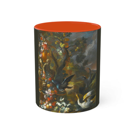 Still Life With Birds Beside An Ornate Fountain by Nicola Casissa Colorful Mugs, 11oz