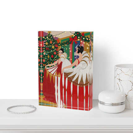 🎄💃 The Christmas Mirror Duet Acrylic Art Block – Art Deco Holiday Elegance