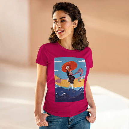 Beachside Promenade Women's Midweight Cotton Tee – Summer Glamour & Coastal Joy