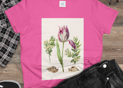 Tulip flower with Two Branches of Myrtle and Shells Cotton Tee