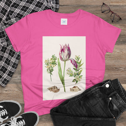 Tulip flower with Two Branches of Myrtle and Shells Cotton Tee