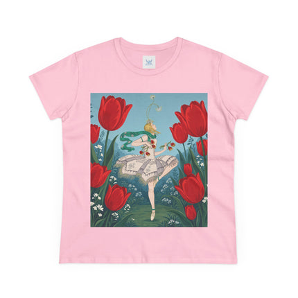 🌷🩰 The Scarlet Tulip Ballet Cotton Tee – Art Deco Floral Whimsy