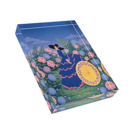 🌸☂️ The Lady Of The Flower Garden Parasol Acrylic Art Block – Art Deco Botanical Elegance