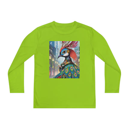Techno Plumes Youth Long Sleeve Competitor Tee – Futuristic Elegance & Neon Feathers