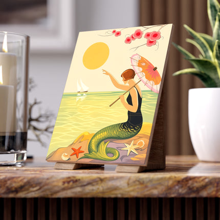 🧜‍♀️☂️ The Mermaid With The Parasol Ceramic Tile – Art Deco Seaside Fantasy