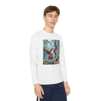 A Colorful Raptor Youth Long Sleeve Competitor Tee – Dino Adventure & Forest Wonder