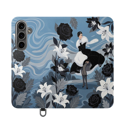 🖤🤍 The Lady Of The Black Rose Garden Flip Case – Art Deco Floral Elegance