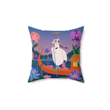 🪷🛶 The Lady Of The Lotus Lake Square Pillow – Art Deco Garden Voyage
