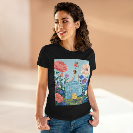 🌸🩵 The Blue Ruffle Garden Cotton Tee – Art Deco Floral Whimsy