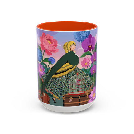 The Lady And The Crimson Birdcage Colorful Mugs – Art Deco Tropical Garden Elegance