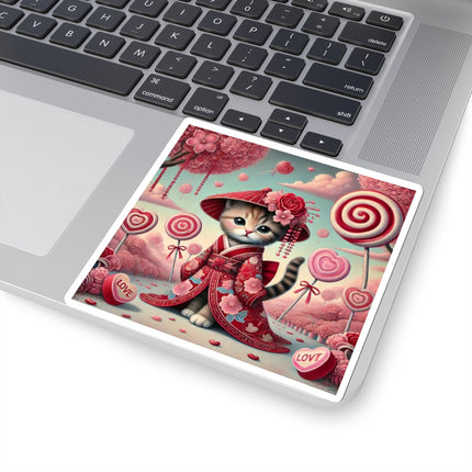 Whimsical Geisha Kitten in a Valentine Garden Kiss-Cut Stickers (4 Sizes)