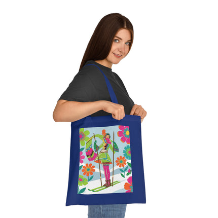 🎿🌸 The Winter Flower Adventurer Cotton Tote Bag – Colorful Skiing Fantasy