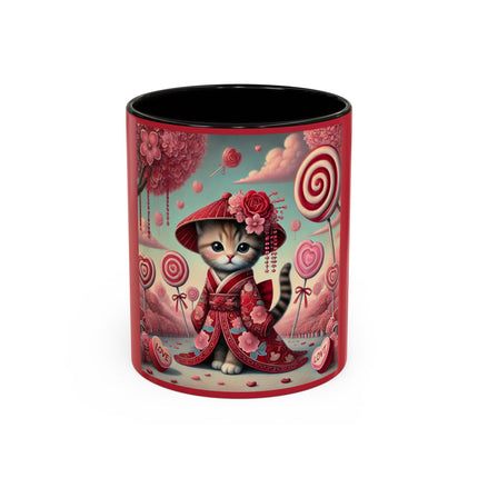 Whimsical Geisha Kitten in a Valentine Garden Colorful Mugs (11oz, 15oz)