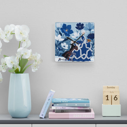 💙❄️ The Lady Of The Winter Blue Garden Acrylic Wall Clock – Art Deco Fashion Elegance