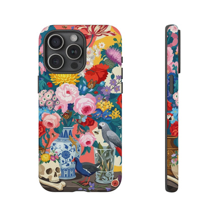 Floral Vanitas Phone Case – Parrot & Porcelain Splendor