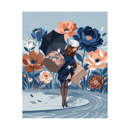 ☂️🌸 The Lady Of The Grand Floral Journey Matte Vertical Poster – Art Deco Fashion Illustration