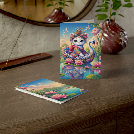 🪷🦢 The Lotus Swan Princess Kitten Greeting Card – Whimsical Garden Elegance
