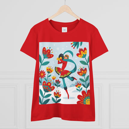 ⛸️🌺 The Winter Flower Skater Cotton Tee – Whimsical Winter Fashion
