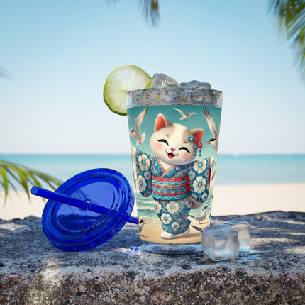 Geisha Kitten by the Seaside Sunsplash Tumbler with Straw, 16oz