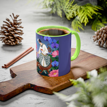 The Lady And The Garden Dragon Colorful Mugs – Art Deco Mythical Botanical Elegance