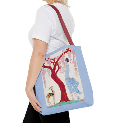 Woman, Fawn, and Red Tree by George Barbier Tote Bag (AOP)