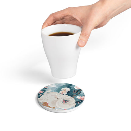 📖🌹 The Lady Of The Garden Storybook Ceramic Coaster – Art Deco Floral Elegance