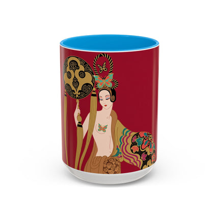 Butterfly Empress of the Crimson Pavilion Colorful Mug (11oz, 15oz) – Art Deco Beauty, Butterfly Elegance & Ornamental Style