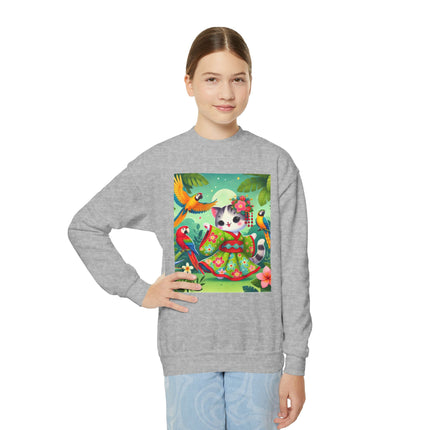 Parrot Dance of the Geisha Kitten Youth Crewneck Sweatshirt – Color, Rhythm & Joyful Expression