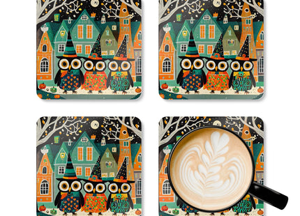 Night of the Trick-or-Treating Owlets Corkwood Coaster Set