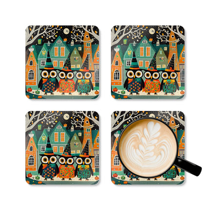 Night of the Trick-or-Treating Owlets Corkwood Coaster Set