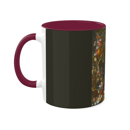 Still Life With Birds Beside An Ornate Fountain by Nicola Casissa Colorful Mugs, 11oz