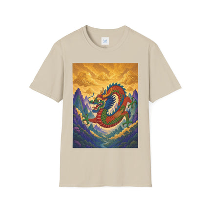 🐉🌄 The Golden Sky Dragon Softstyle T-Shirt – Mystical Mountain Fantasy