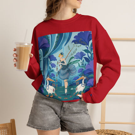 🪶🌺 The Pelican Garden Dance Crewneck Sweatshirt – Art Deco Botanical Whimsy