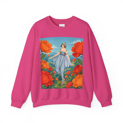🌺🩵 The Poppy Hill Promenade Crewneck Sweatshirt – Art Deco Fashion Whimsy