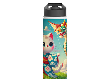 Geisha Kitten and the Dragon Kite Stainless Steel Water Bottle, Standard Lid