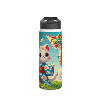 Geisha Kitten and the Dragon Kite Stainless Steel Water Bottle, Standard Lid