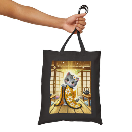 Playful Kitten in the Tea Room Cotton Canvas Tote Bag – Curious Charm & Cozy Whimsy