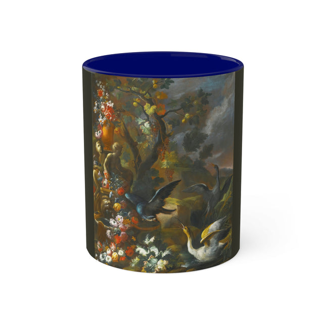 Still Life With Birds Beside An Ornate Fountain by Nicola Casissa Colorful Mugs, 11oz