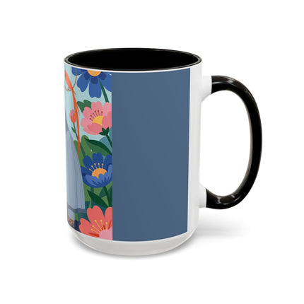 The Lady And The Mysterious Bird Colorful Mugs – Art Deco Botanical Mystery