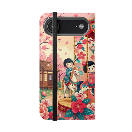 🎠🌸 Geisha Kitten's Enchanted Carousel Flip Case – Whimsical Dreams & Cherry Blossom Magic