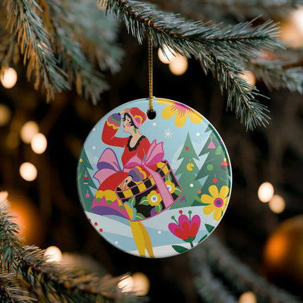 🌸🎄 Christmas In The Winter Garden Ceramic Ornament – Whimsical Holiday Fantasy