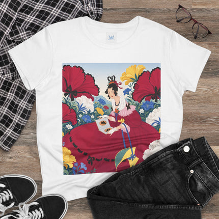❤️🌺 The Scarlet Garden Storybook Cotton Tee – Art Deco Floral Elegance