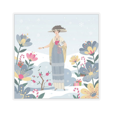 🌹❄️ The Lady Of The Winter Rose Garden Kiss-Cut Sticker – Art Deco Holiday Fantasy