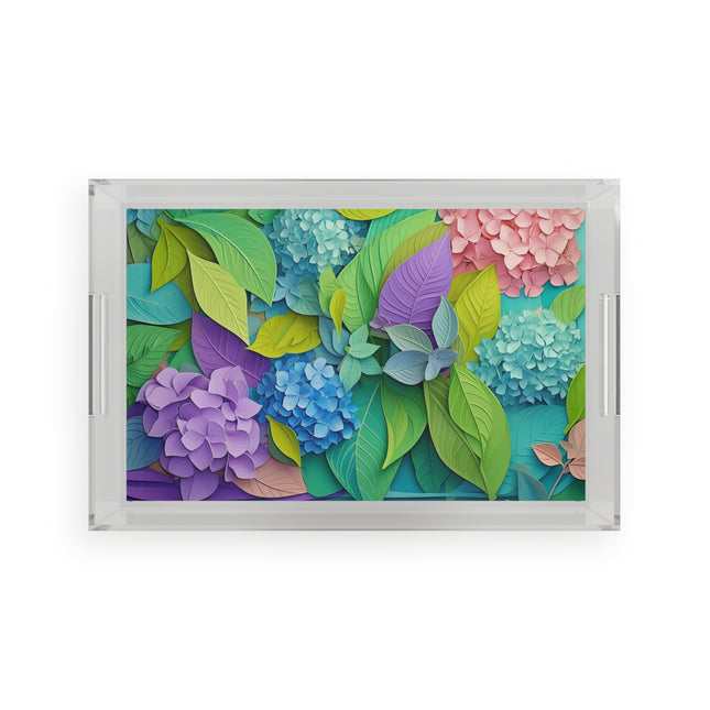 Delicate Hydrangea Blossoms and Basil Leaves Acrylic Serving Tray
