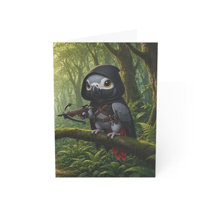 🦜🏹 The African Grey Forest Archer Greeting Card – Whimsical Animal Adventure