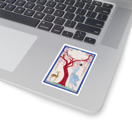 Woman, Fawn, and Red Tree by George Barbier Kiss-Cut Stickers (4 Sizes)