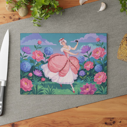 🌸🎭 The Rose Garden Masquerade Glass Cutting Board – Art Deco Floral Elegance